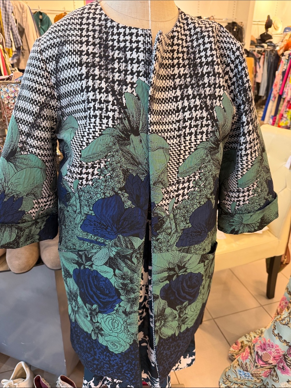 Eva Franco Green & Navy Floral Houndstooth Open Coat